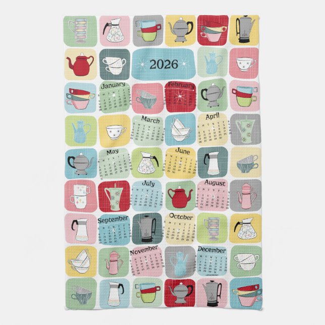 Retro Atomic Coffee 2026 Calendar Kitchen Towel (Vertical)
