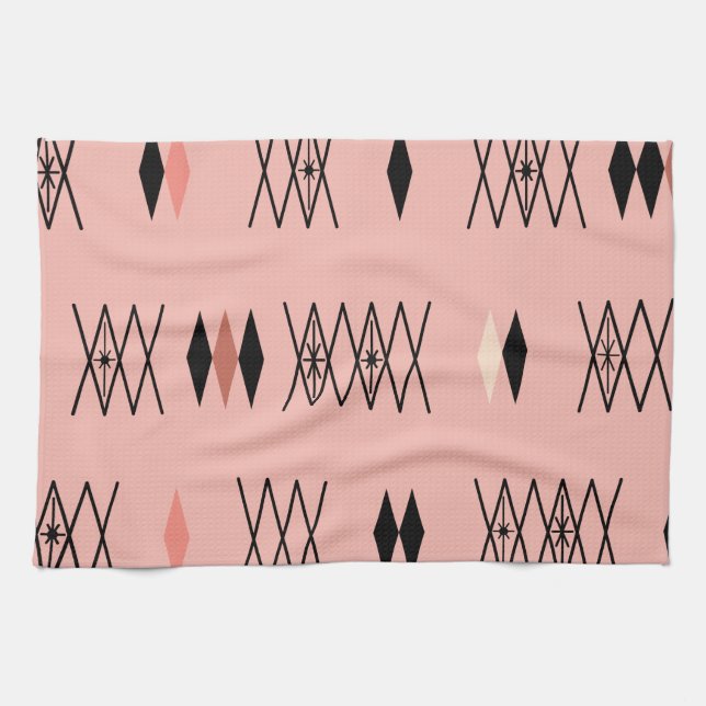Retro Atomic Era Diamonds Pattern Pink Kitchen Towel (Horizontal)