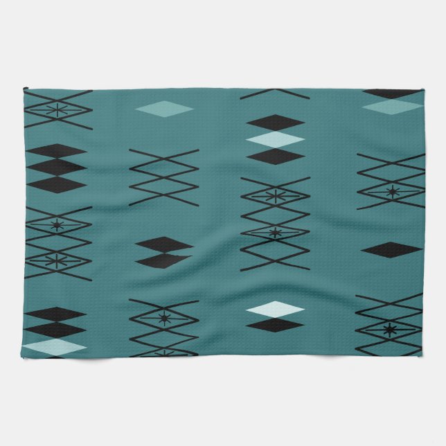 Retro Atomic Era Diamonds Pattern Teal Kitchen Towel (Horizontal)