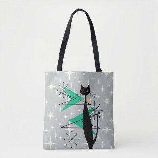 Retro Atomic Era MCM Cool Cat on Grey Tote Bag