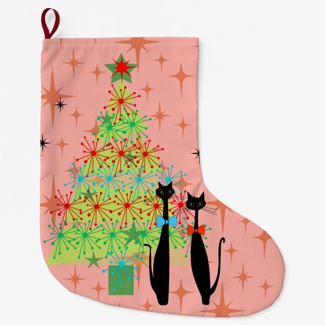 Retro Atomic Era Mid Century Modern Christmas Cats Large Christmas Stocking (Front)