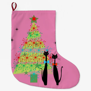 Retro Atomic Era Mid Century Modern Christmas Cats Large Christmas Stocking