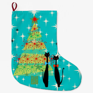 Retro Atomic Era Mid Century Modern Christmas Cats Large Christmas Stocking