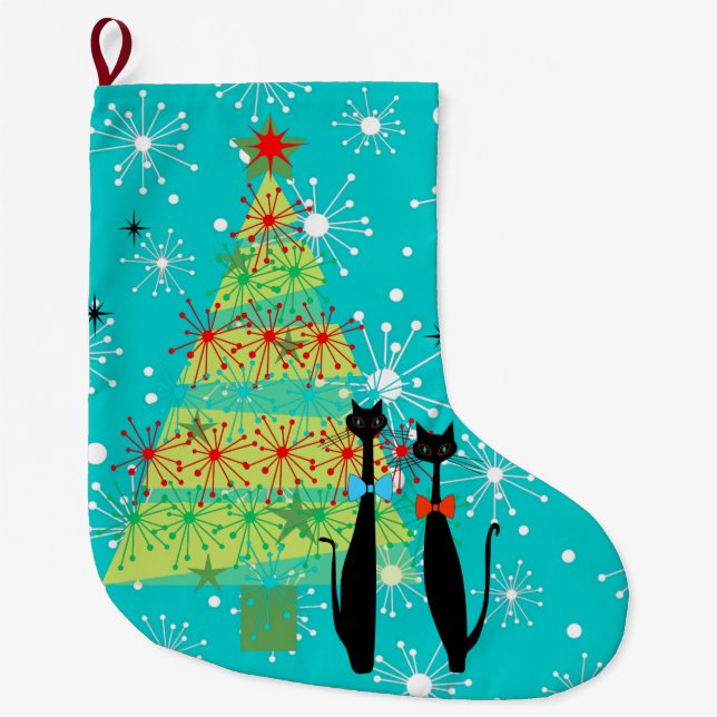 Retro Atomic Era Mid Century Modern Christmas Cats Large Christmas Stocking