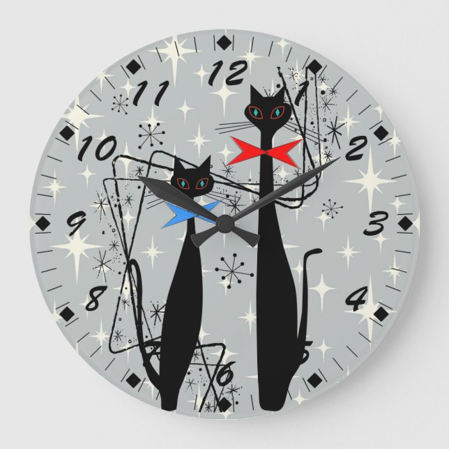 Retro Atomic Era Mid Century Modern Cool Cat Large Clock (Front)