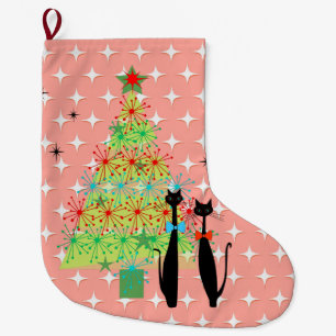 Retro Atomic Era Mid Century Modern Cool Cat Pair Large Christmas Stocking