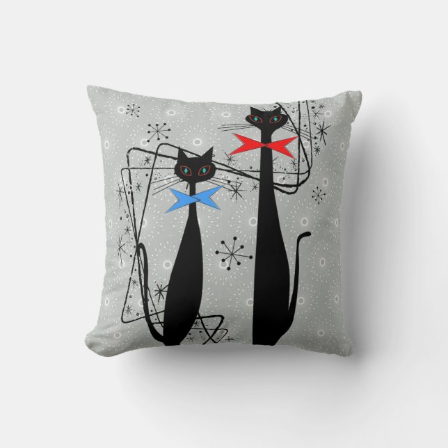 Retro Atomic Era Mid Century Modern Cool Cat Pair Throw Pillow (Front)