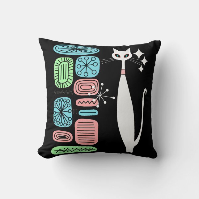 Retro Atomic Era Mid Century Modern Cool Cat Throw Pillow (Front)