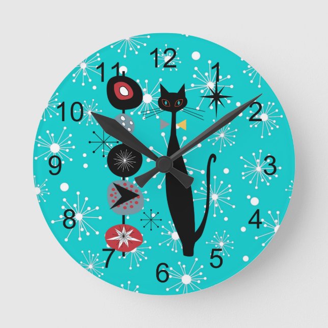 Retro Atomic Era Mid Century Modern Kitty Cat Round Clock (Front)