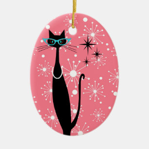 Retro Atomic Era Mid Century Modern MCM Black Cat Ceramic Ornament