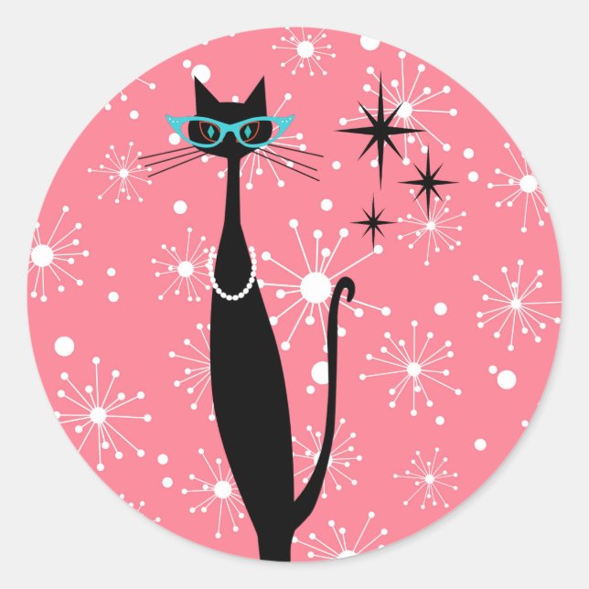 Retro Atomic Era Mid Century Modern MCM Black Cat Classic Round Sticker (Front)