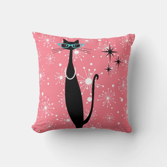 Retro Atomic Era Mid Century Modern MCM Black Cat Throw Pillow (Front)