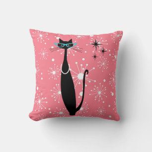 Retro Atomic Era Mid Century Modern MCM Black Cat Throw Pillow