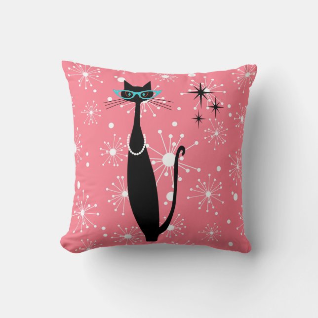 Retro Atomic Era Mid Century Modern MCM Black Cat Throw Pillow (Front)