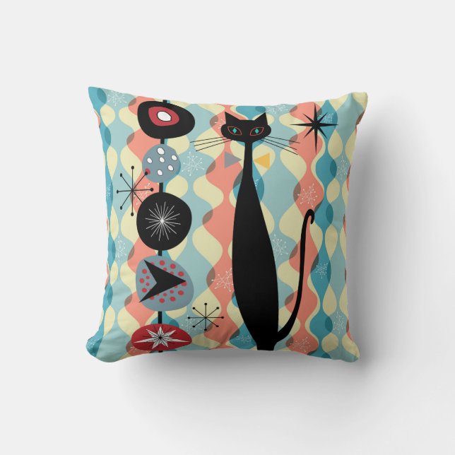 Retro Atomic Era Mid Century Modern MCM Cool Cat 1 Throw Pillow (Front)