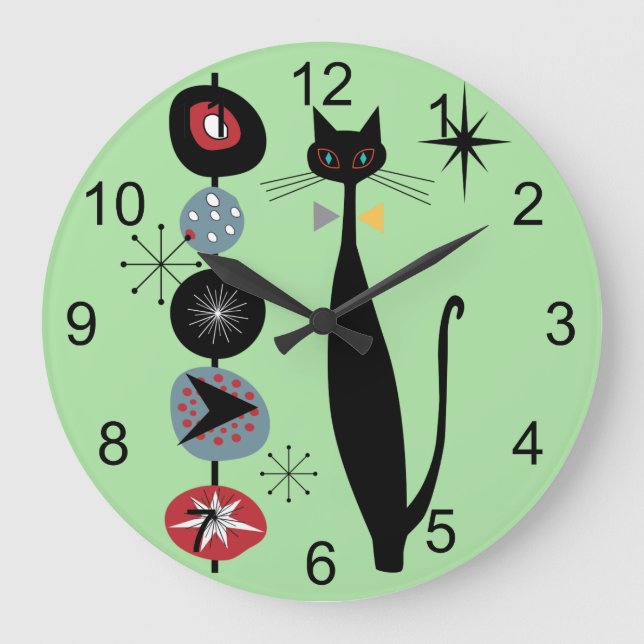 Retro Atomic Era Mid Century Modern MCM Cool Cat 2 Large Clock (Front)