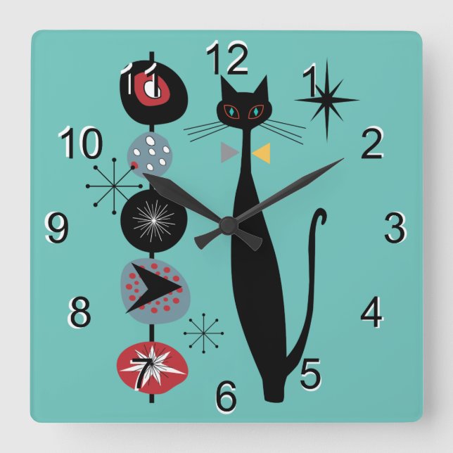 Retro Atomic Era Mid Century Modern MCM Cool Cat 3 Square Wall Clock (Front)