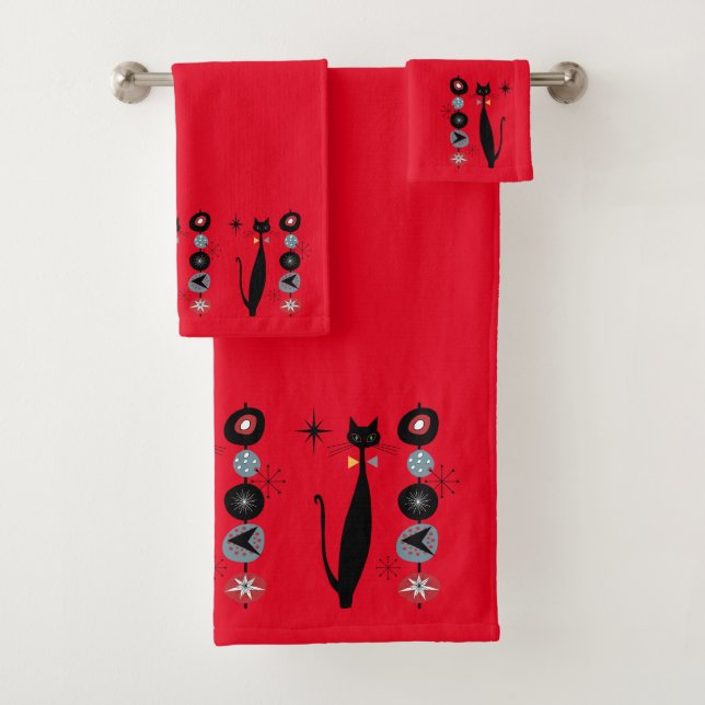 Retro Atomic Era Mid Century Modern MCM Cool Cat   Bath Towel Set (Insitu)