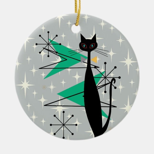 Retro Atomic Era Mid Century Modern MCM Cool Cat Ceramic Ornament (Front)