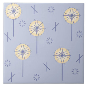 Retro Atomic Flowers Blue Yellow Tile