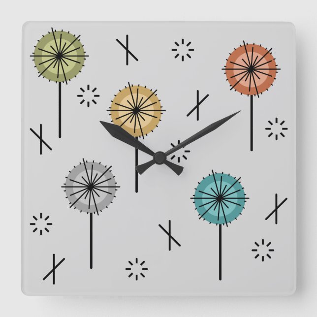 Retro Atomic Flowers Multicolored Square Wall Clock (Front)