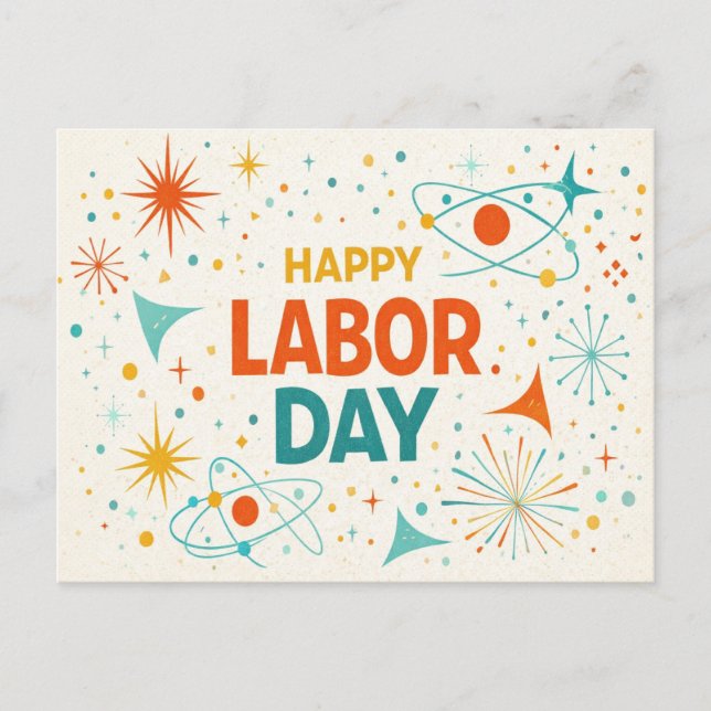 Retro Atomic Happy Labor Day Holiday Postcard (Front)