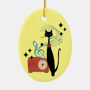 Retro Atomic MCM Cool Cat & Radio Music  Ceramic Ornament