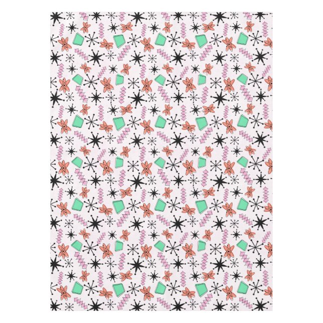 Retro Atomic MCM Pink Orange Green Black Tablecloth (Front)