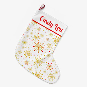 Retro Atomic Mid-Century Mod Red Gold Personalized Large Christmas Stocking