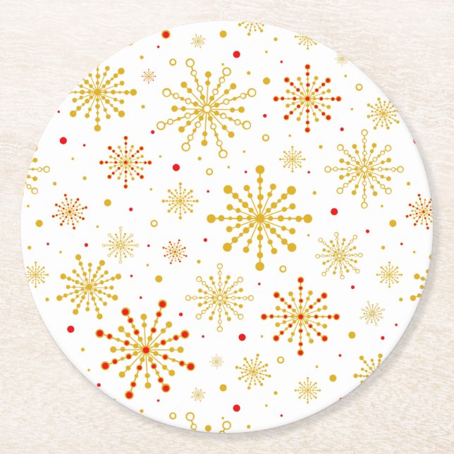 Retro Atomic Mid-Century Mod Red & Gold Starburst Round Paper Coaster (Front)