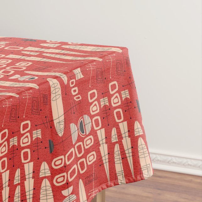 Retro Atomic Modern Red Black White Pattern Tablecloth (In Situ)