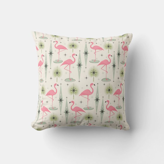 Retro Atomic Oasis with Pink Flamingos Throw Pillow (Front)
