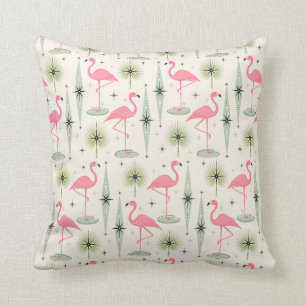 Retro Atomic Oasis with Pink Flamingos Throw Pillow