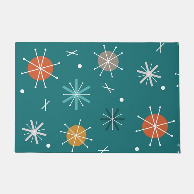 Retro Atomic Planets Starbursts Teal Doormat (Front)