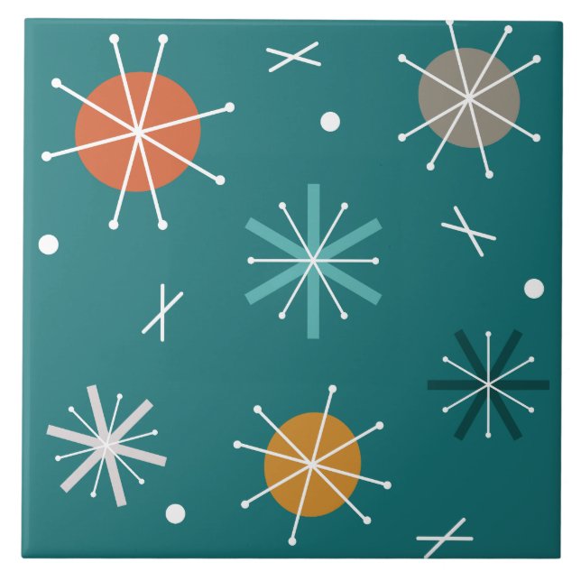 Retro Atomic Planets Starbursts Teal Tile (Front)