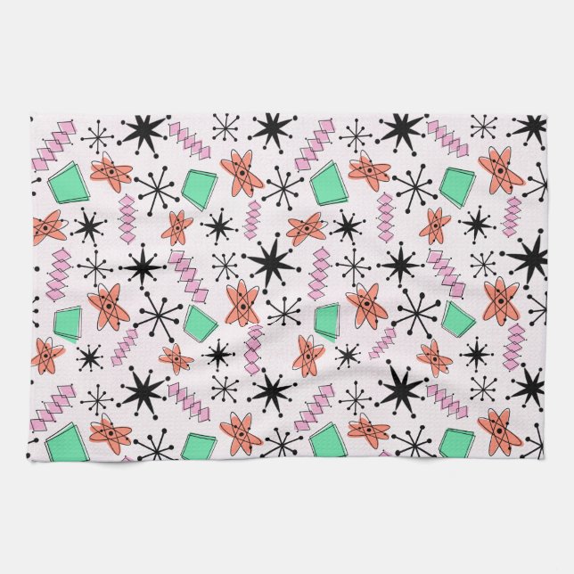 Retro Atomic Shapes Pink Orange & Green Kitchen Towel (Horizontal)