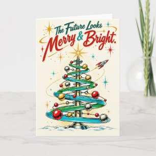 Retro Atomic Space Age Christmas Tree Rocket Ship Holiday Card