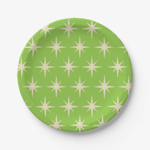 Retro Atomic stars pattern on lime green   Paper Plate