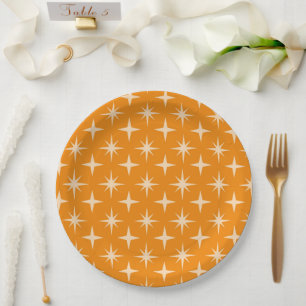 Retro Atomic Stars Pattern on Orange  Paper Plate