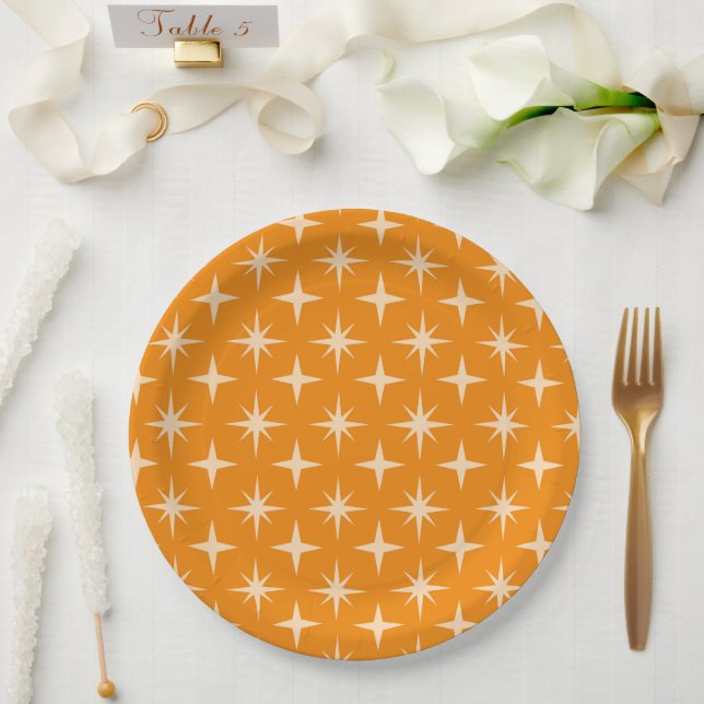Retro Atomic Stars Pattern on Orange  Paper Plate (Wedding)