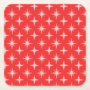 Retro Atomic Stars Pattern on Red  Square Paper Coaster