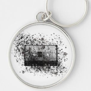 Retro Audio Cassette Hipster Spatter Black+&+White Keychain