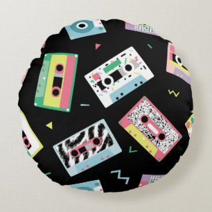 Retro audio tapes, 80s style pattern. round pillow