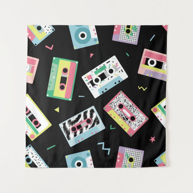 Retro audio tapes, 80s style pattern. tapestry (Front)