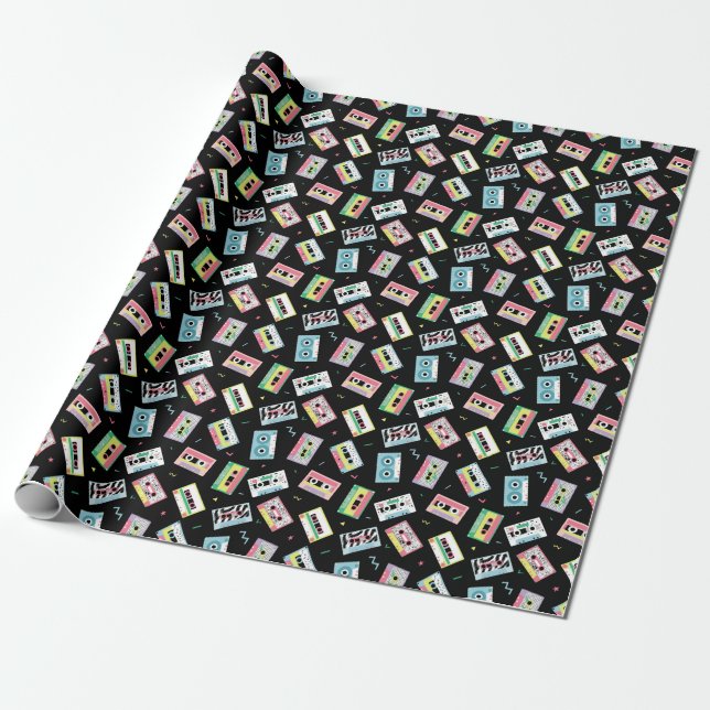 Retro audio tapes, 80s style pattern. wrapping paper (Unrolled)