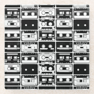 Retro audio tapes, old-fashioned pattern. glass coaster