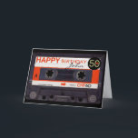Retro Audiotape S 50th birthday recto-verso Name C Card<br><div class="desc">Old audio cassette (white and red ornage label) to personalize with your name and date. 50 is customizable on a small black tag. Design on recto verso greeting card for birthday. You can easily change text (font, colour, size and position) by clicking the customize button. Matching 50th birthday invitation and...</div>