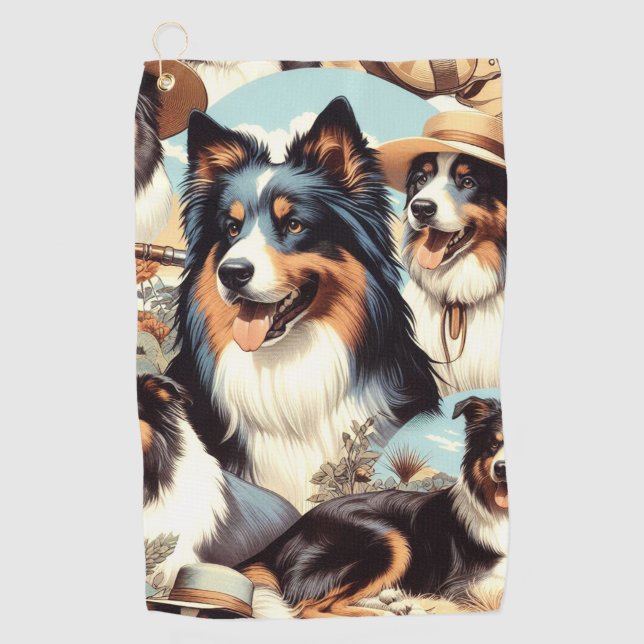 Retro Australian Shepherd Seamless Painting Golf Towel (Front)
