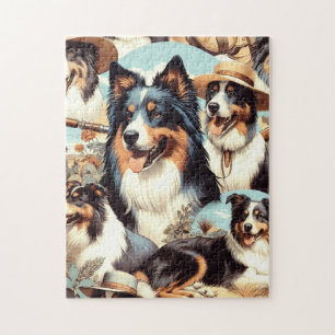 Retro Australian Shepherd Seamless Painting Jigsaw Puzzle
