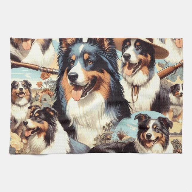 Retro Australian Shepherd Seamless Painting Kitchen Towel (Horizontal)